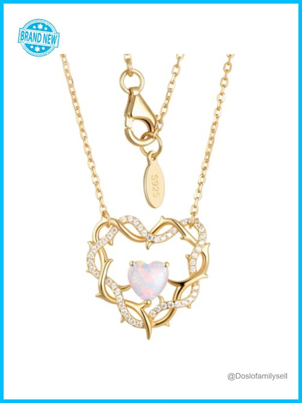 14K Gold Plated 925 Sterling Silver Opal Heart Crown Pendant Necklace